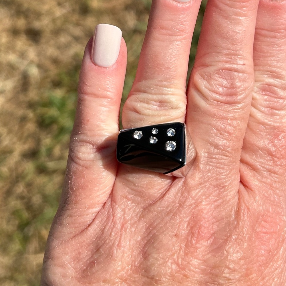 Camille Lucie Black Lucite Geometric Ring with CZ Accents